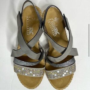 VGUC Reiker Sparkly wedge leather grey sandals with velcro strap EUR 37 / US 6